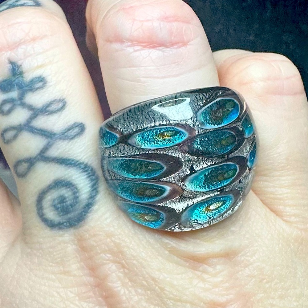 Blown Glass Peacock Ring - Size 8